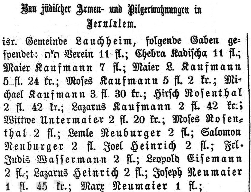 03.12.1862 –  Der Israelit, isr. Gemeinde Lauchheim, Joseph Neumaier 1 fl. 45 kr. gespendet