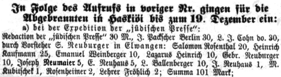 20.12.1883 - Jüdischen Presse, Ellwangen, Joseph Neumaier 5 Mark gespendet. Stadt Hasköy in der Türkei damalige Wohnort viele "spanischen Juden"