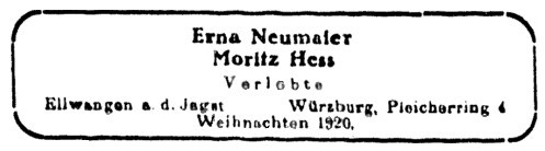 Erna Neumaier - Moritz Hess Verlobte -Ellwangen a. d. Jagst - Würzburg, Pleicherring 4 - Weihnachten 1920.