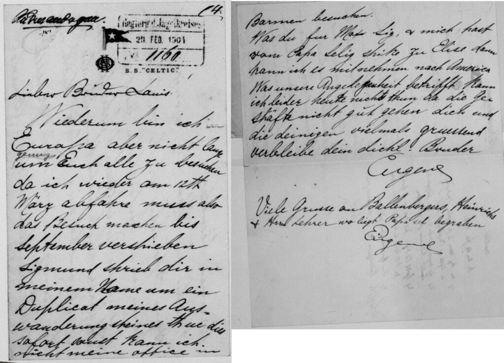 Letter from Eugen Neumaier to his brother Louis Neumaier. Written on RMS Celtic stationary.  