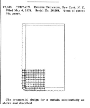 Ornamental design curtain patent, Eugene Neumaier, 1928