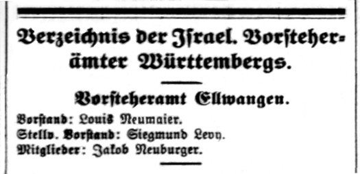 Verzeichnis der Isreal. Vorsteherämter Württembergs.  Vorsteheramt Ellwangen.  Vorstand: Louis Neumaier.